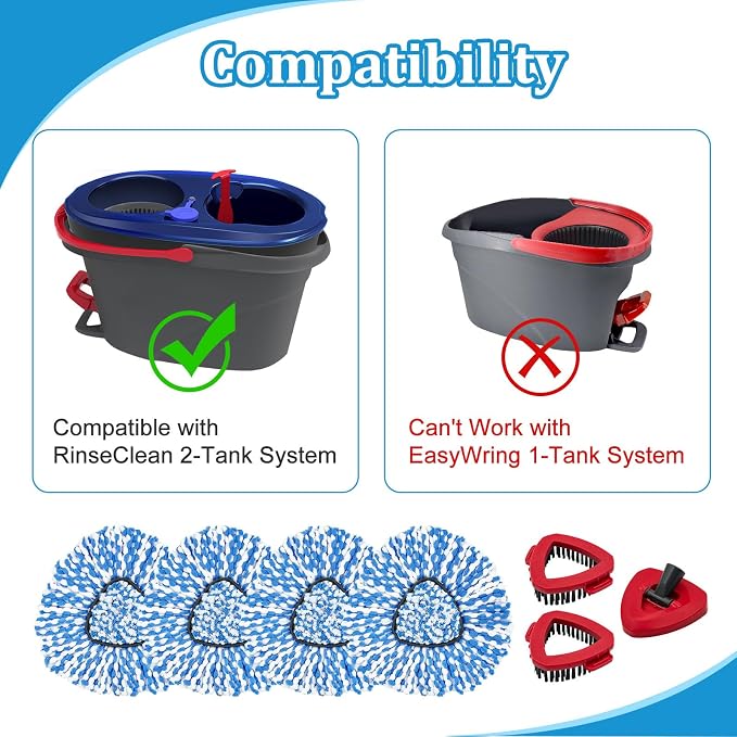 Mop Heads Replacements for O-Cedar RinseClean 2-Tank Spin Mop, Mop Replace Head for O Cedar, Mop Heads Include 4 Pack Mop Refills, 2 Scrubber Mop Heads, 1 Mop Base, Reusable, Easy to Replace