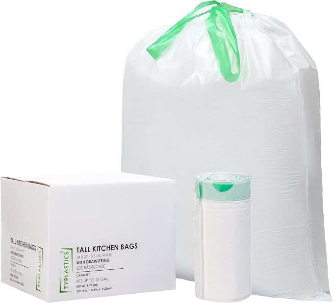 TYPLASTICS Tall Kitchen Drawstring Trash Bags 13 Gallon (200 Count) | 24in x 27in, Unscented