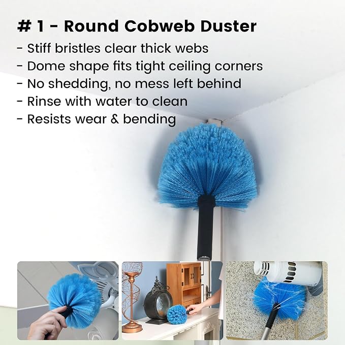 Ceiling Fan Duster Kit 5-in-1 – Screw-On Cobweb Duster, Squeegee & Microfiber Heads – Washable Bendable – Fits Standard 3/4" Threaded Extension Pole – House Cleaning Kit, Blue