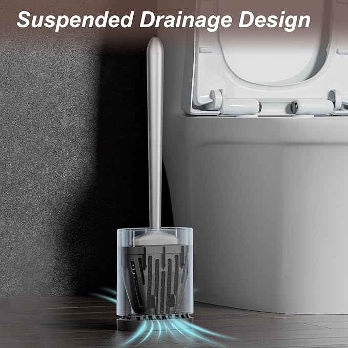 Silicone Toilet Brush, Ventilation Slots Base Holder 1 Pack Silver | Flexible Bristles Flat Head for Rim, Hair Tangle-Free, Easy to Clean, Compact Design, Rustproof Handle, for Toilet/Sink/Tub