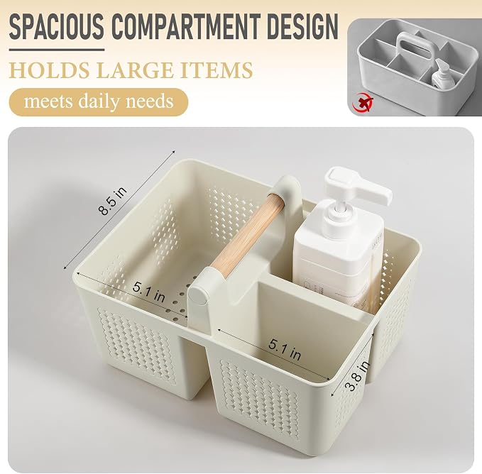 Portable Shower Caddy Basket Plastic Caddy Organizer with Handle Beige | Sturdy Drainage Large Capacity Cleaning Supplies Caddy Tool Storage for Bathroom Kitchen Bedroom College Dorm Essentials