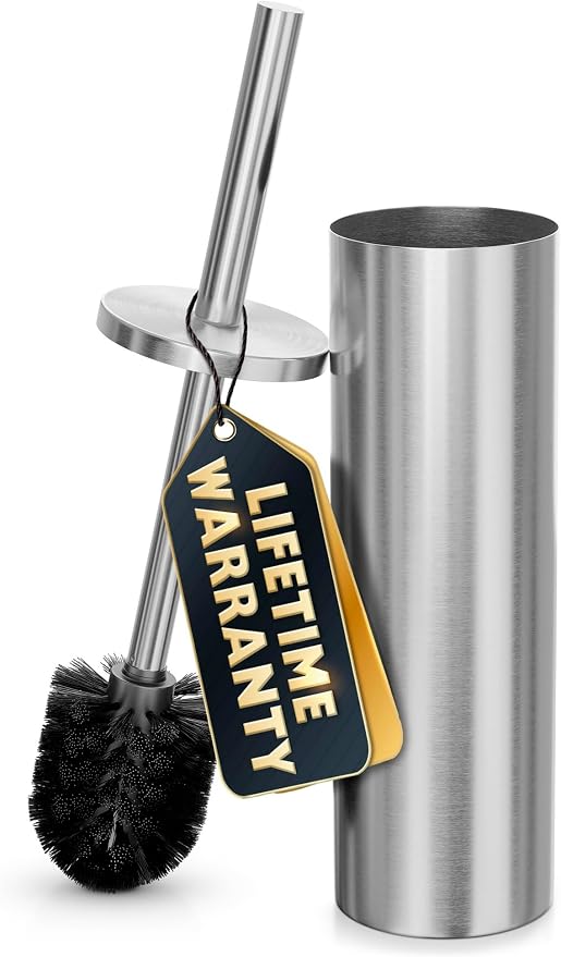 Stainless Steel Toilet Brush and Holder Set, Splash Guard (Silver) | Toilet Bowl Brush and Holder, Removable Inner Bowl, Dense Bristles, Long Handle, Scratch Resistant, for Modern Bathrooms