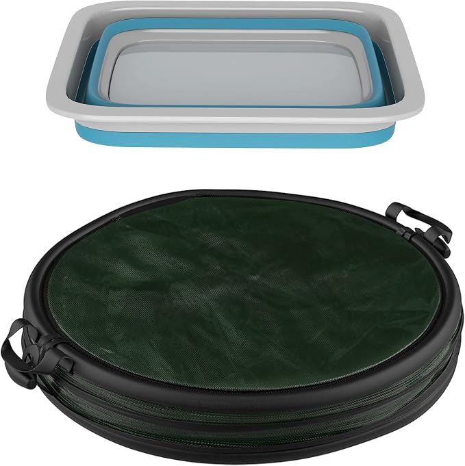 Wakeman Collapsible Trash Can and Camp Sink Set - 29.5-Gallon Garbage Bin and 7-Liter Wash Basin - Camping Accessories Outdoors (Blue and Green)