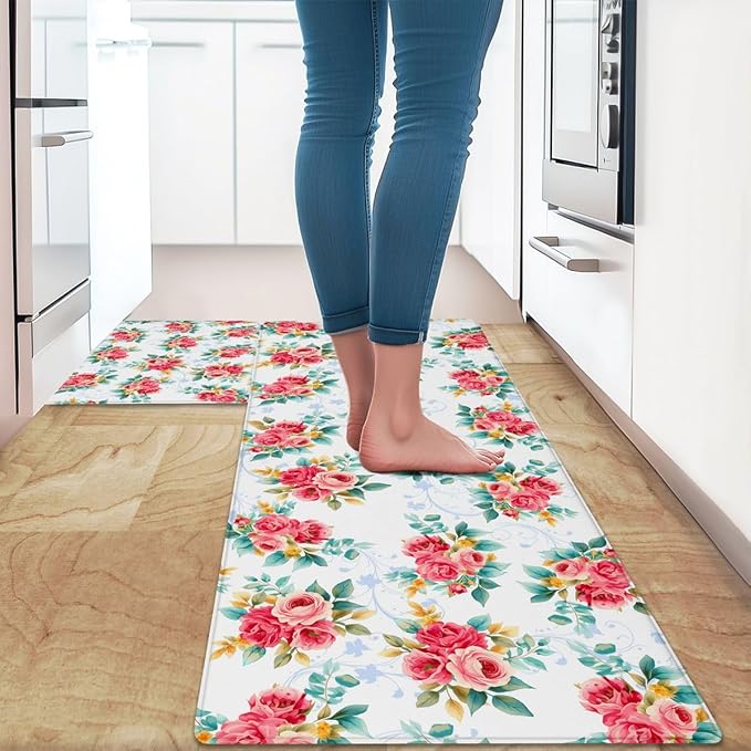 Feelyou Red Floral Kitchen Rugs Sets 2PCS Romantic Rose Flowers Kitchen Mats for Floor Blue White Plaid Reversible Patchwork Cushioned Anti Fatigue Waterproof Non-Slip Rugs Accessories