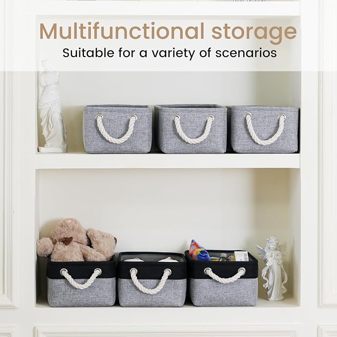 11.8x7.9x5.2 Inch Fabric Small Storage Bins with Handles 1 Pack | Foldable Storage Basket, Sturdy Metal Strand, Cardboard Support Molding, Small Baskets for Organizing, Shelves, Gray