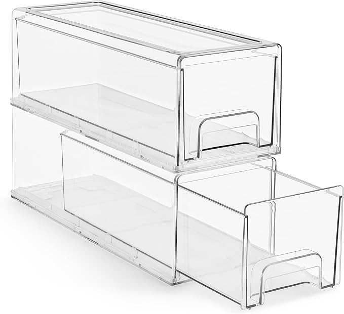 Sorbus Clear Stackable Storage Drawers with Handles (Small Wide, 2 Pack) | Easy-access plastic organization for pantries, offices, bathrooms and closets; supports sorting and visibility.