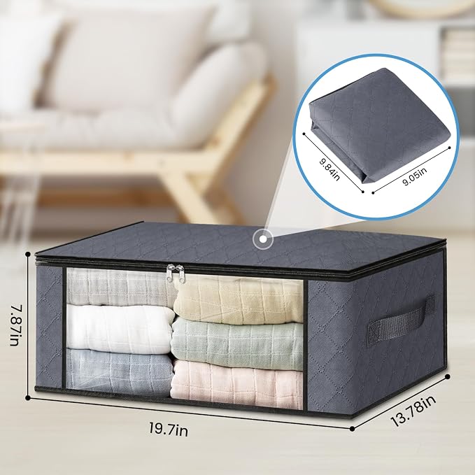 HomeHacks Storage 4-Pack Clothes Organizer Storage Bags Foldable Storage Box with Large Clear Window Sturdy Handles for Closet, Dorm, Pillows, Bedding, Clothes, Stuffed Toys, Blankets, Grey | Foldable Storage Box Container with Zippers, Clear Window, R...