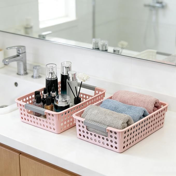 Soddeph 4 Pack Small Plastic Storage Baskets for Organizing, Stackable Bins with Handles for Shelves, Multipurpose Drawer Trays(Pink)