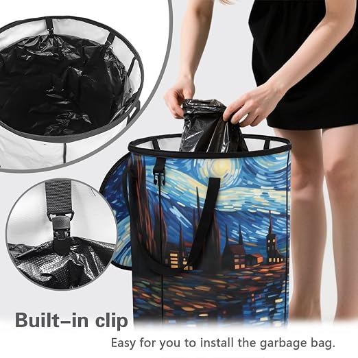 Starry Night Oil Painting 24 Gallon Camping Trash Can Collapsible Outdoor Garbage Can with Lid Waterproof Easy to Clean Reusable Trash Bin for Patio Yard Garden Kitchen Laundry