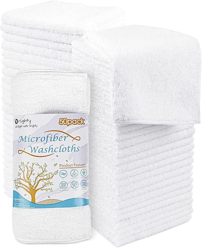 Orighty Washcloths Bulk, 50 Pack Microfiber Face Towels, 12x12 Inch White | Highly Absorbent & Soft Feel, Multi-Purpose Wash Cloths & Hand Towels for Bathroom, Hotel, Spa, and Gym