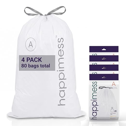 happimess 20-Count Unscented 8 Gal Drawstring Trash Bags, White, Pack of 4 | 30 Liters, Heavy Duty LDPE Plastic, Tear And Puncture Resistant, Tailored Custom Fit, Recyclable