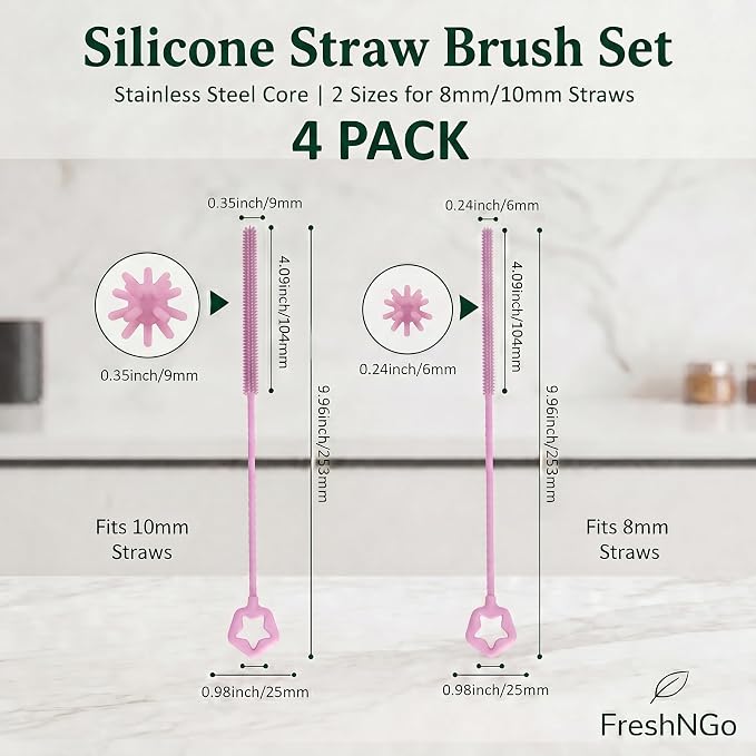 FreshNGo 4-Pack Silicone Straw Cleaner Brush for Tumbler, Pink | Reusable extra-long brushes (6mm/9mm) perfect for cleaning milkshake, metal, and glass straws