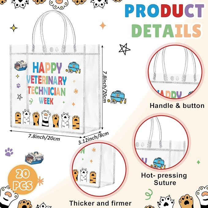 FunooFuno 20 Pcs Vet Tech Gift Bags with Handles Clear Waterproof PVC | Veterinary Technician Appreciation, Reusable Plastic for Staff Coworkers, Transparent Design for Dog Lover Practitioners