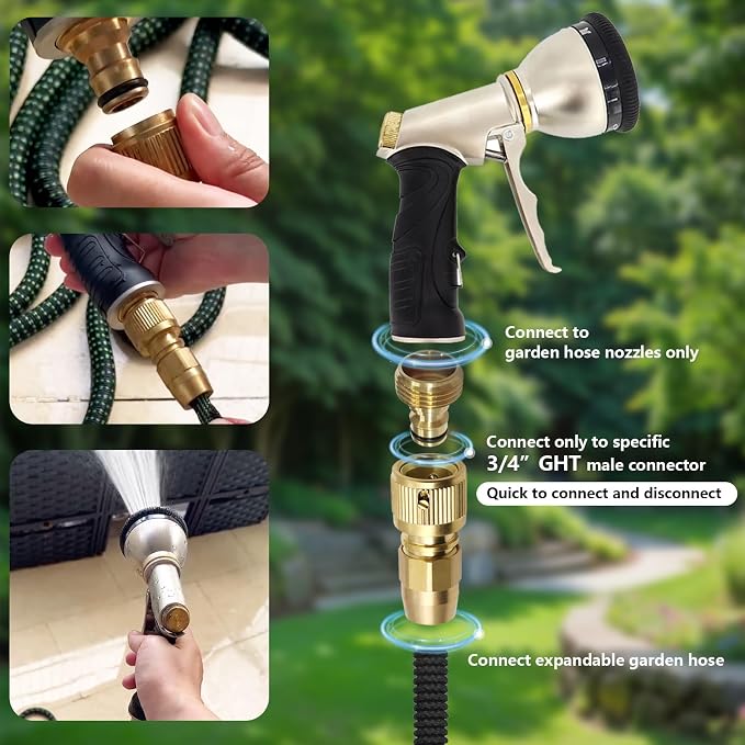 Garden Expandable Hose Repair Kit,Flexible Hose Fittings Brass Faucet Hose Adapter Collapsible Garden Hose End Replacement,3/4 Inch GHT Male and Female Quick Connector Water Hose Extender,1 Set