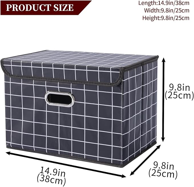 STOREONE Fabric Storage Cube Bins Foldable Organizer Container Collapsible Basket with Lids and Metal Handles, for Home, Bedroom, Closet 6 Pcs (Black grid)