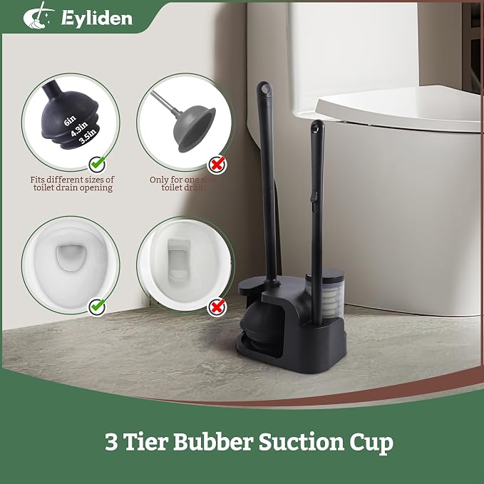 Eyliden Toilet Brush and Plunger Set, Disposable Wand Kit with 10 Refills | Pre-Soaked Concentrated Cleaner Sponge, Touch-Free, 2-in-1 Compact Holder, Powerful Suction Cup, Bathroom Cleaning System
