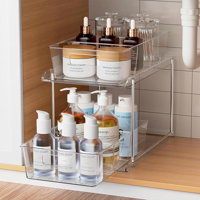 Fabspace Bathroom Under Sink Organizers and Storage, 2 Tier, 1 Pack | Clear Vanity Countertop Pull-out Cabinet Organizer, Stackable Multi-Purpose Kitchen Pantry Organization with Dividers