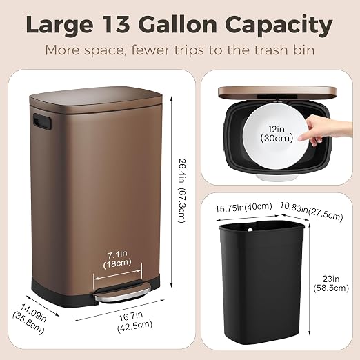 ELPHECO Kitchen Trash Can with Lid 13 Gal Stainless Steel Pedal Garbage Can | Soft Close Lid, Pedal, Heavy-Duty Fingerprint Proof Step Wastebasket with 20 Bags, Removable Bucket, Home Office, Brown