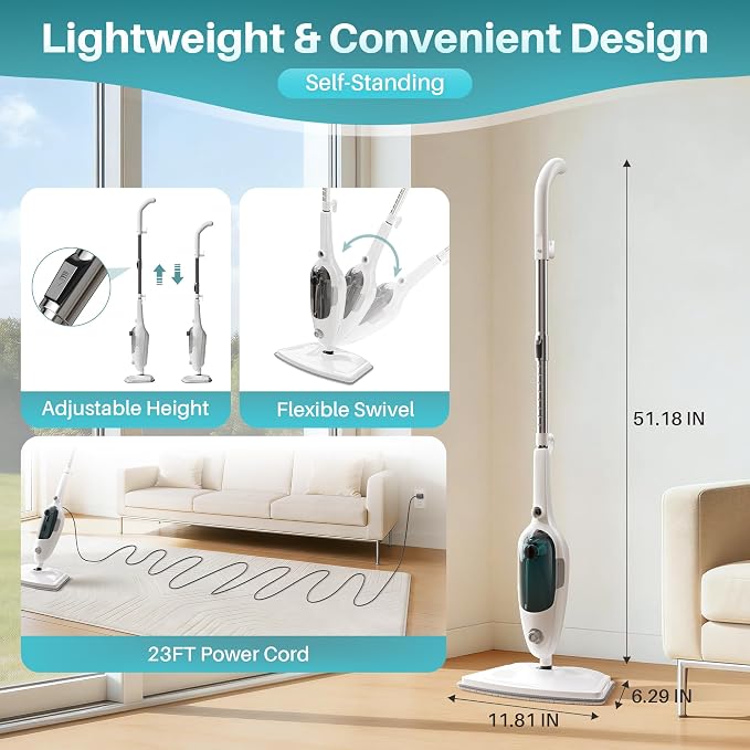 JOYMOOP Steam Mop & Handheld Steam Cleaner, 1100W Electric Steam Cleaner for Home, Fast Heat 20s, Adjustable Steam, Detachable Water Tank, 11 Accessories for Floors, Windows, Clothes
