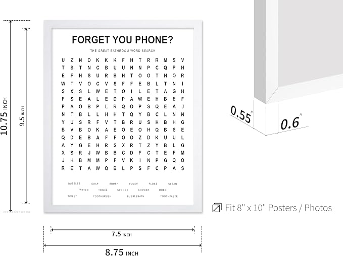 Poster Master 2-Piece Forget Your Phone Print - The Great Bathroom Word & Way Search Poster - Guest Bath Decor - Black & White Design - Powder Room Decor - Fun Restroom Sign - 8x10 White Framed
