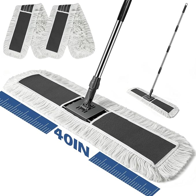 40" Commercial Dust Mop for Floor Cleaning, Heavy Duty Industrial Mop | Large Flat Mop with 64“ Long Handle, Push Mop with 2 Mops Pads, for Hardwood, Tile, Gym, Office, Mall, Warehouse