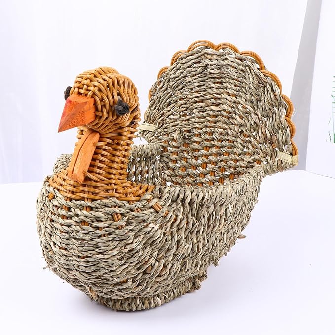 BESPORTBLE Woven Turkey Pattern Storage Basket Portable Multifunctional Organizer for Home Sundries Decorative Light Grey Straw Container for Neat and Rustic Housekeeping