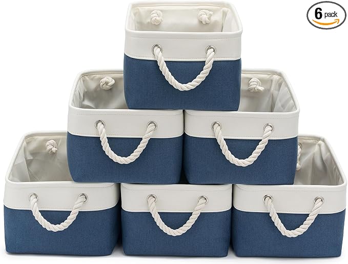 13.8x9.8x6.7 Inch Fabric Small Storage Bins with Handles 6 Pack | Foldable Storage Basket, Sturdy Metal Strand, Cardboard Support Molding, Small Baskets for Organizing, Shelves, White/Blue