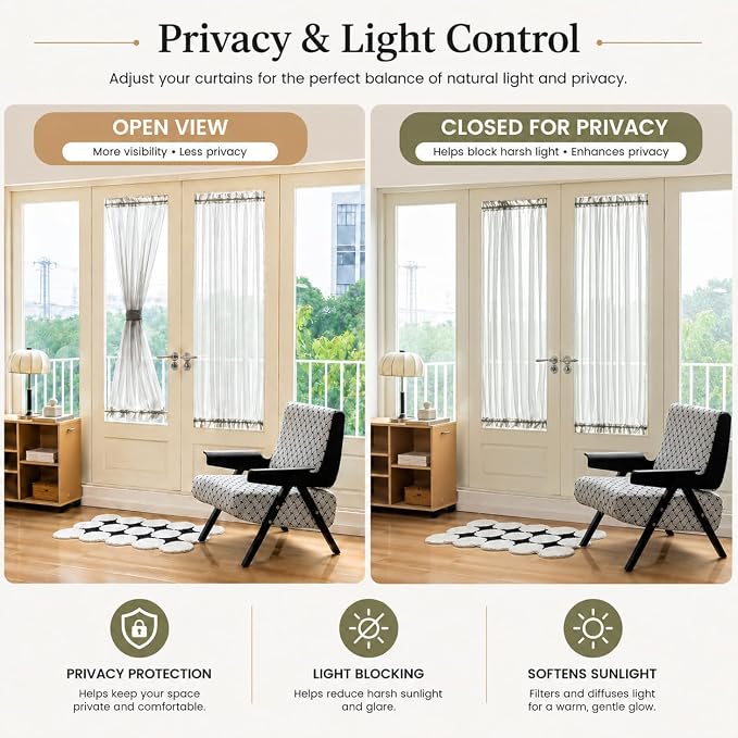 Aquazolax Grey Sheer Curtains for Door - 40 Inch Long Sidelight French Half Door Window Voile Curtain, Airy Porch Decoration Privacy Panels - Single Panel with Tieback, 25" Wide x 40" Length