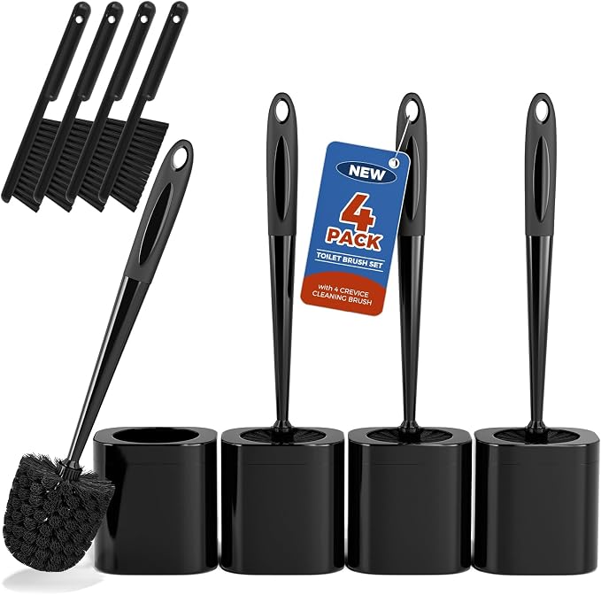 Holaloha Toilet Brush and Holder Set, Space Saving, 4 Pack, Black | Bathroom Accessories, Ergonomic Silicone Handle, Dense Bristles, Deep Cleaning, with 4 Crevice Brushes, Compact Design