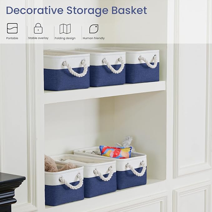 11.8x7.9x5.2 Inch Fabric Small Storage Bins with Handles 6 Pack | Foldable Storage Basket, Sturdy Metal Strand, Cardboard Support Molding, Small Baskets for Organizing, Shelves, White/Blue