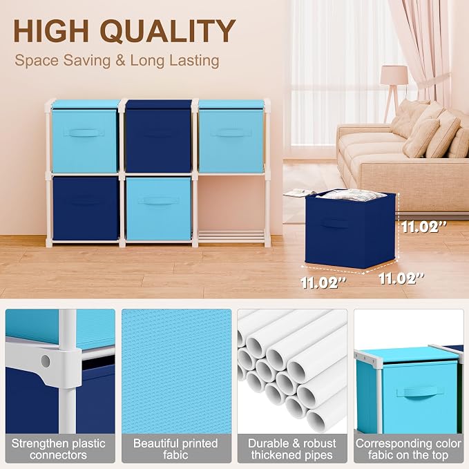 Briwooody 6 Cube Storage Organizer Bins with Shelf, Dark Blue,Light Blue | 11x11'', Storage Organizer, Toy Storage Box, Back to School, Dorm Organizer, Fabric Drawers, Playroom Bedroom Storage Cabinet