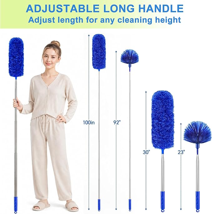 Cobweb Duster with Extension Pole, Spider Web Brush, 100" Microfiber Feather Duster, Washable Cleaning Kit for Ceiling Fan, Furniture, Home, Blue