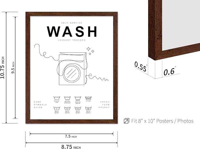 Poster Master 3-Piece Wash Dry Fold Print - Laundry Poster - Line Drawing Art - Black & White Design - Symbols & Guide Art - Minimal Laundry Room Decor - 8x10 Brown Framed