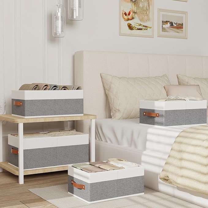 Fabric Storage Boxes,16.1×9.8×6.5In,White/Grey Bins,6Pack | Storage Baskets with Handles,Collapsible Clothing Bins,Fabric Drawers,Closet Organizer for Shelves Wardrobe