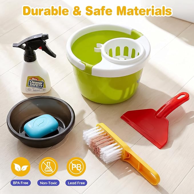 Dreamon Toddler Cleaning Set - 14Pcs Kids Cleaning Toy Set with Kids Vacuum | Blue Pretend Home Cleaning Play Set for Toddler Age 3-7, Toddler Vacuum Toy that Works,Christmas Birthday Gift for Girls Boys