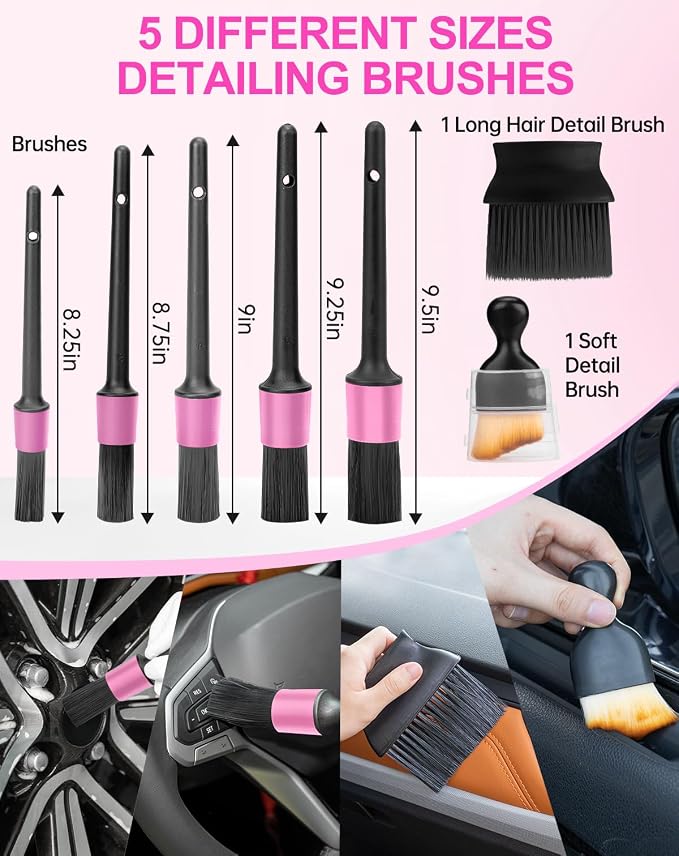 THINKWORK Car Cleaning Kit with Vacuum,Deep Cleaning for Interior Detailing | 7600PA High Power Corded Handheld Vacuum,Windshield Cleaner Tool, Detailing Brush Set,22Pcs Pink Accessories,Gift for Women