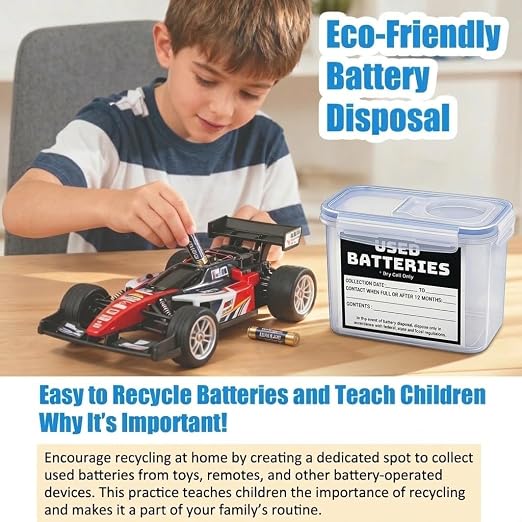 Battery Recycling Container with Battery Tester for Household Batteries, Compact Small Used Battery Disposal Container with Flip-up lid for Home Use, Office, Garage, Schools (1.3L)