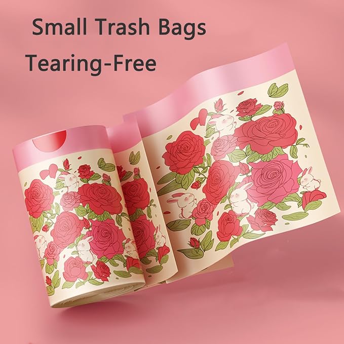 60pcs 4 Gallon Trash Bags Drawstring Tear-Free Separated for Bathroom Office Home Bedroom Trash Can with Red Rose Printed Garbage Basket Bags (Rose Printed, 60 Counts)