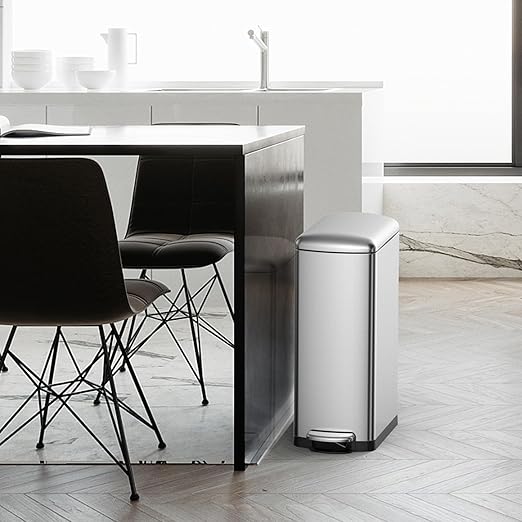 8Gal/30L Slim Kitchen Trash Can, Skinny Stainless Steel Garbage Can with Removable Inner Bucket & Soft Close Lid, Narrow Trash Bin for Bathroom Living Room Office, Silver