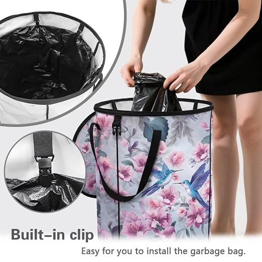 BIGCARJOB Hummingbird Outdoor Trash Can Floral Garbage Bins Outside Pop Up Recycle Garbage Cans Collapsible Trash Can with Zipper Lid and Clip, 22.83x17.71 in