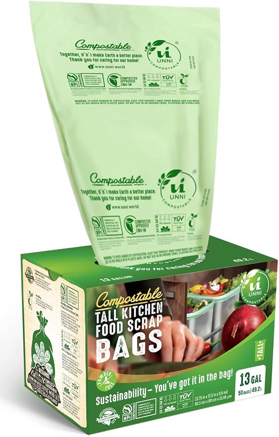 UNNI 13 Gallon Compostable Bags, 100 Count, 49.2 Liter, Extra Thick 0.9 Mil | Tall Kitchen Compost Bags for Pull-Out Food Scrap Bins, Wide Opening, 2 Packs of 50, Certified by BPI, CMA & OK compost HOME