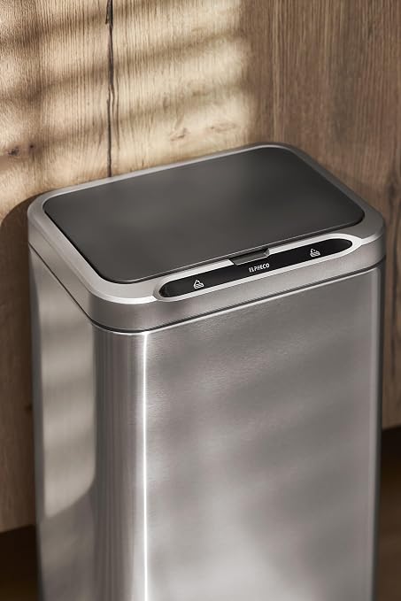 ELPHECO Stainless Steel Office Trash Can 6.6 Gallon Motion Sensor Garbage Bin Rectangular Automatic Touch Free Waste Bin for Hotel and Living Room | Automatic Garbage Bin Rectangular Touch Free Waste Bin for Hotel and Living Room, 2AA