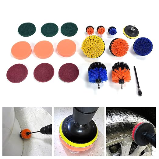 19PCS Drill Brush Attachment Set, Power Scrubber Kit with Nylon Brushes and Sponge Pads for Deep Cleaning Kitchen, Bathroom, Car and Pool Surfaces