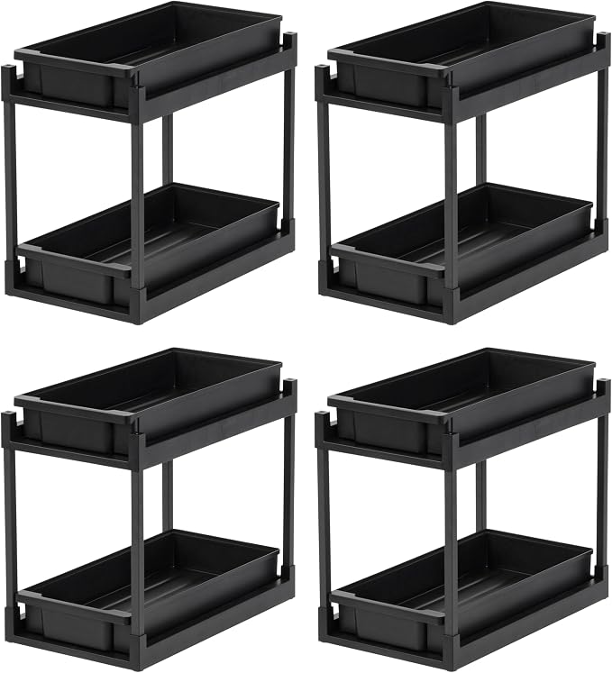 IRIS USA Under Sink Organizer, 4 Pack, Pull Out Storage Drawers | Tool-Free Assembly, 2-Tier Cabinet Storage, Space Saving, Vertical Spice Rack