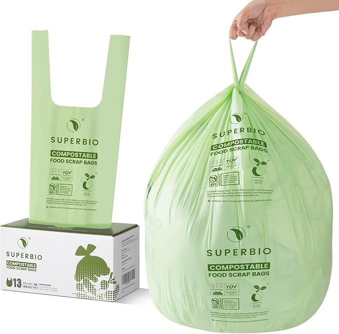 SUPERBIO 13 Gallon Compostable Kitchen Waste Bags with Handles | Food Scrap Bags, Certified by BPI, OK compost HOME, 30 Count, 49.2L