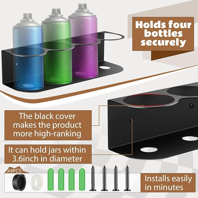 Therwen 2 Pcs 4 Holes All Purpose Steel Spray Bottle Holder Heavy Duty Can Holder Rack Organizer Easy Install Wall Mount Paint Spray Bottle Organizer Storage Rack for Garage Home Workspace(Black)