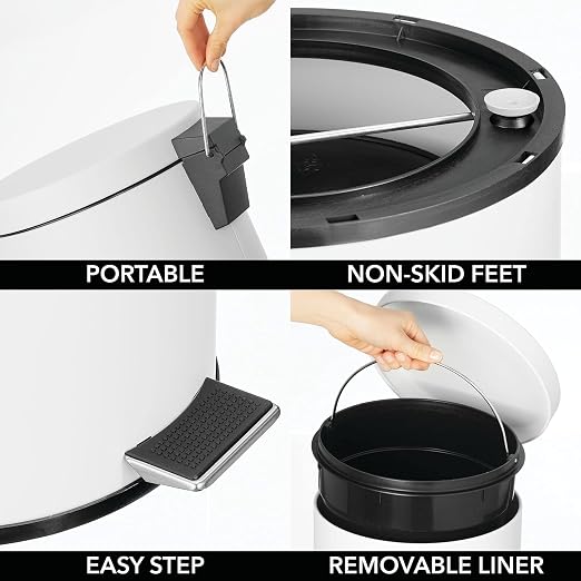 mDesign Tall 30 Liter, Large Round Metal Lidded Step Trash Can, Thin Compact Garbage Bin with Removable Liner Bucket for Bathroom, Kitchen, Craft Room, Office, Garage - White