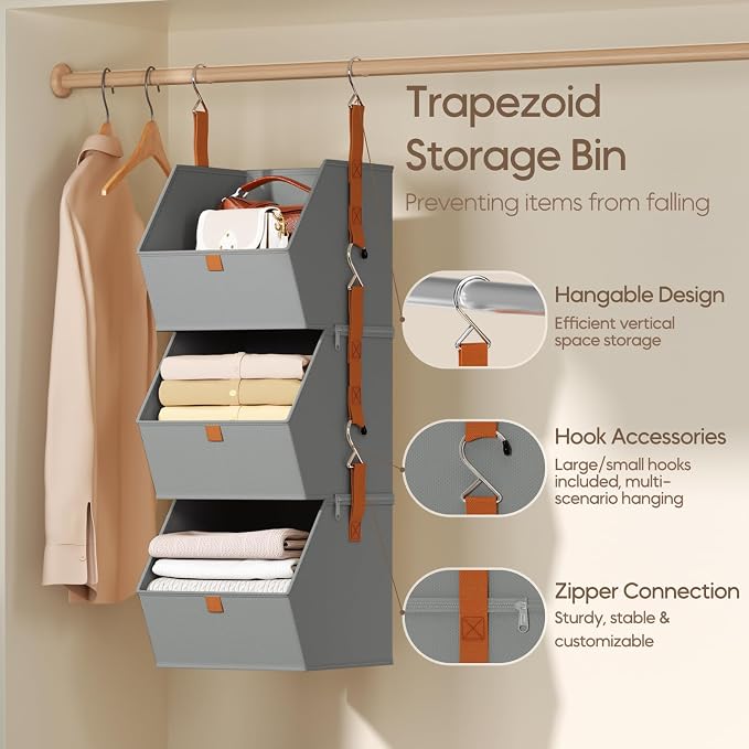 Collapsible Hanging Closet Organizer - 6 Tier Closet Shelves Storage System with Hooks, Fabric Hanging Storage Bins for Clothes, Foldable Storage Basket for Laundry, Bedroom, Rv, Grey