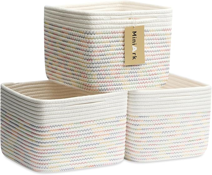 MiniArk Small Organizing Baskets for Cubes Shelf, 9.7x9.7x7.1 Inch Rope Woven Storage Bins for Nursery Shelves Storage, Cute Toy Basket, Square 3 Packs Off White Rainbow