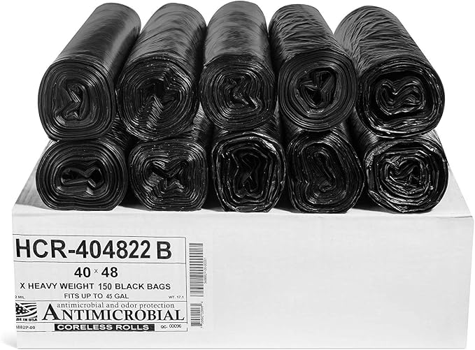 Aluf Plastics 45 Gal Black Trash Bags, 22 Micron (EQ.), 40" x 48" (150 Pk)